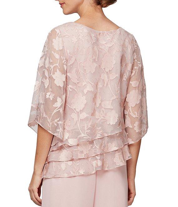 Alex Evenings Petite Size 3/4 Illusion Sleeve Crew Neck Asymmetrical Triple Tier Hem Printed Chiffon Blouse Product Image