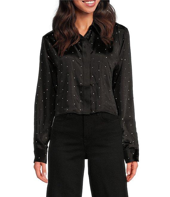 Good American Crystal Satin Collar Neckline Long Sleeve Blouse Product Image