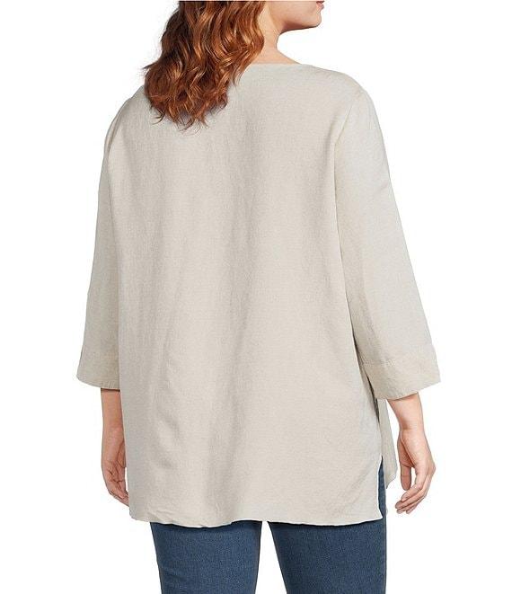 Ali Miles Plus Size Linen Blend V-Neck 3/4 Sleeve Asymmetrical Button Detail Tunic Product Image