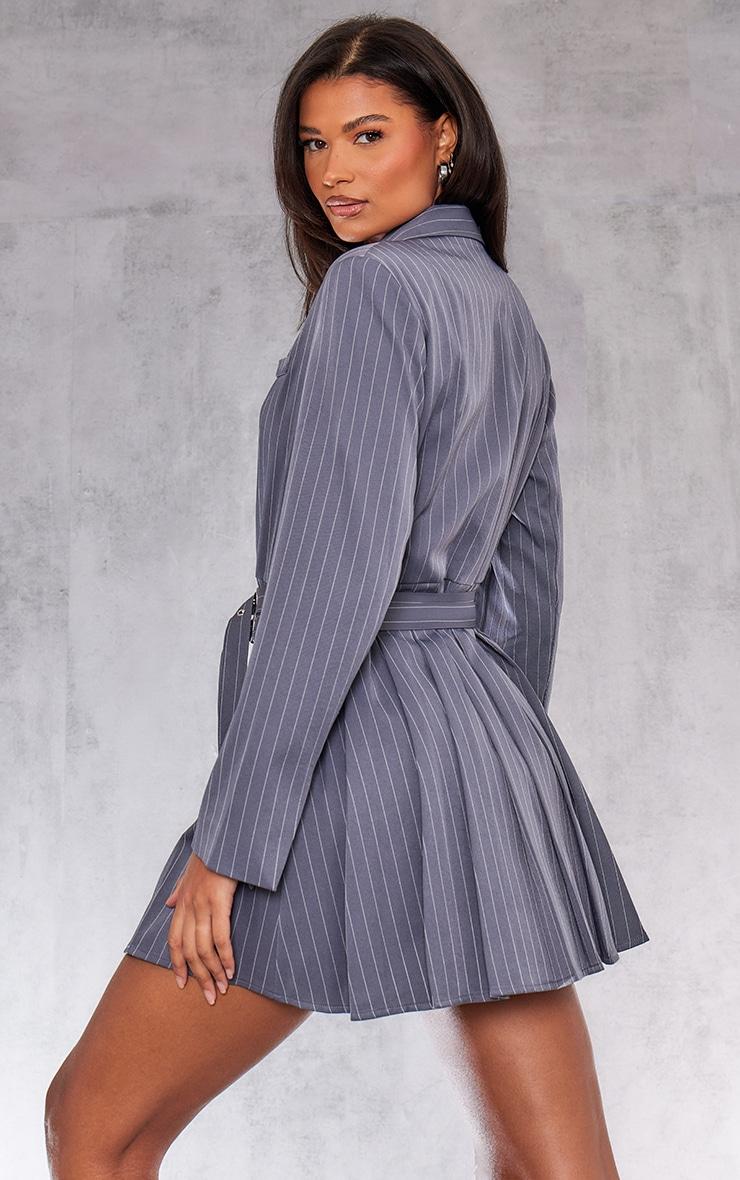 Grey Pinstripe Belted Blazer Dress Product Image