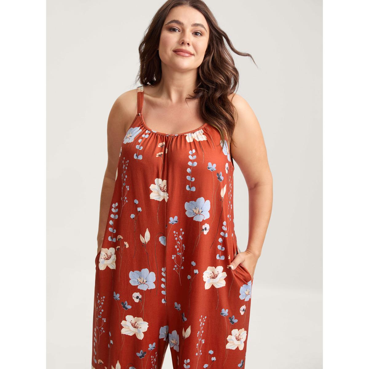 Plus Size Rust Stretchy Lined Floral Print Cami Jumpsuit Women Leisure Sleeveless V-neck Casual Loose Jumpsuits BloomChic 26/4X Product Image