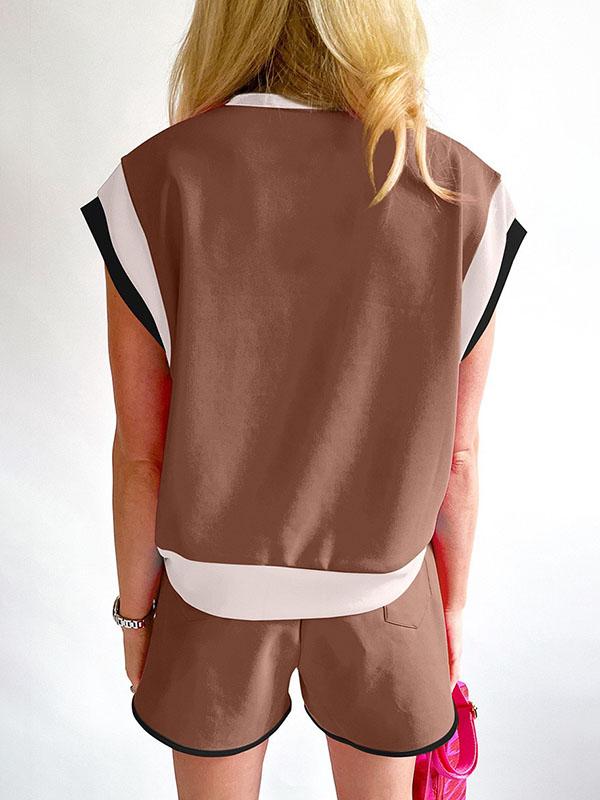 Contrast Color Short Sleeves Round-Neck T-Shirt + Elasticity Shorts Two Pieces Set Product Image