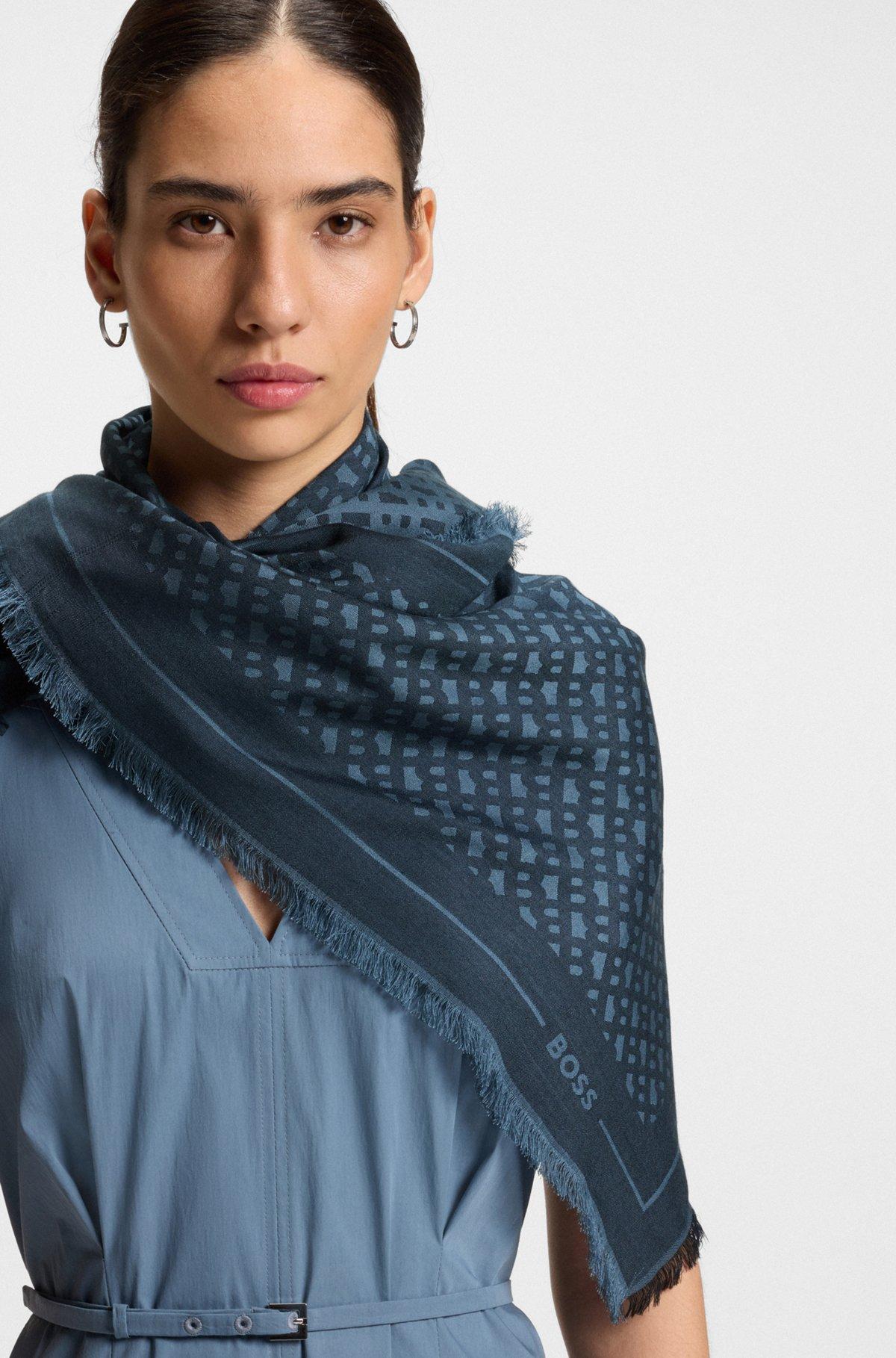 BOSS - Monogram-jacquard scarf in modal and wool - Dark Blue Product Image