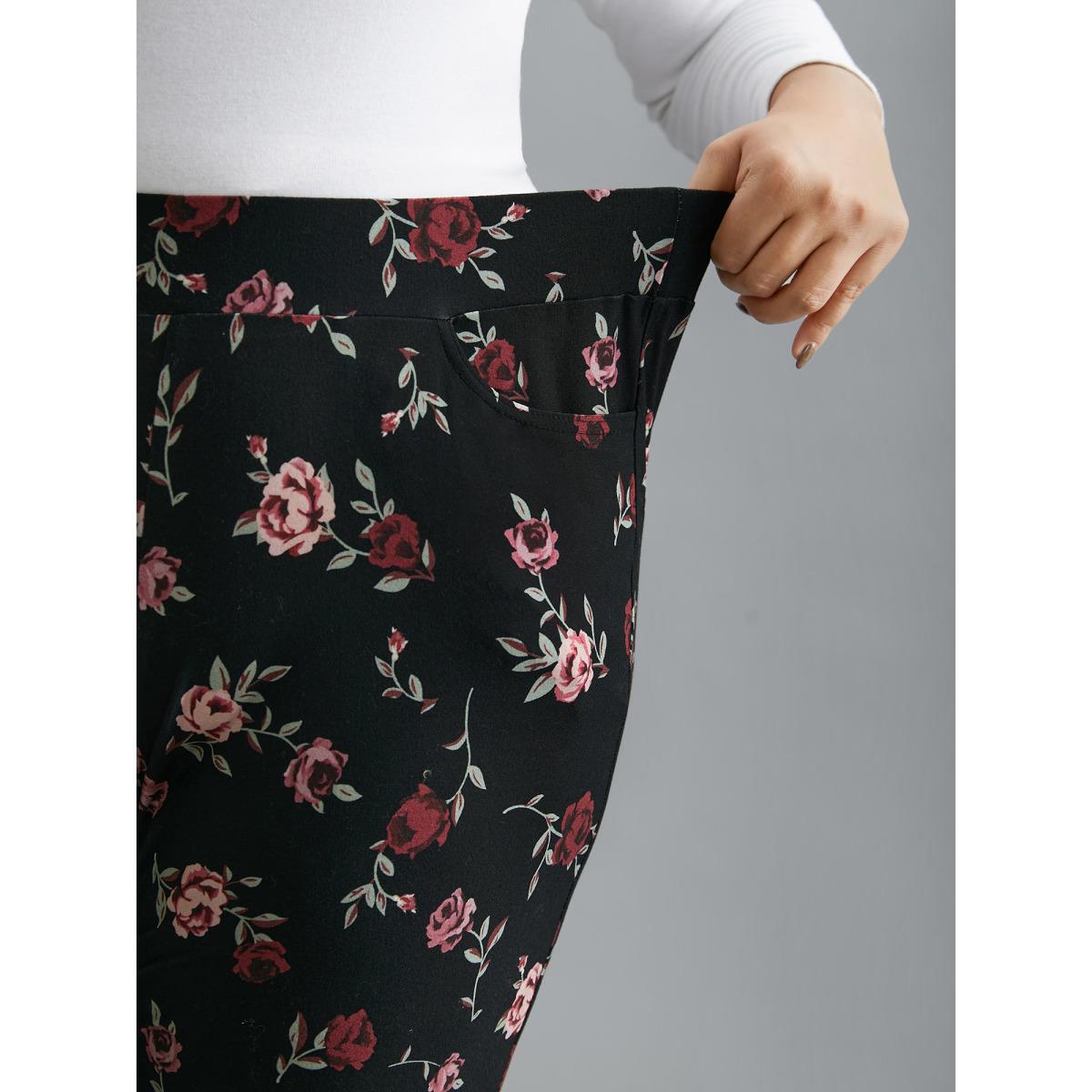 Plus Size Floral Mid-Rise Bootcut Pants Women BlackFlower Elegant High stretch Bootcut Mid Rise Everyday Leggings BloomChic 10/M Product Image