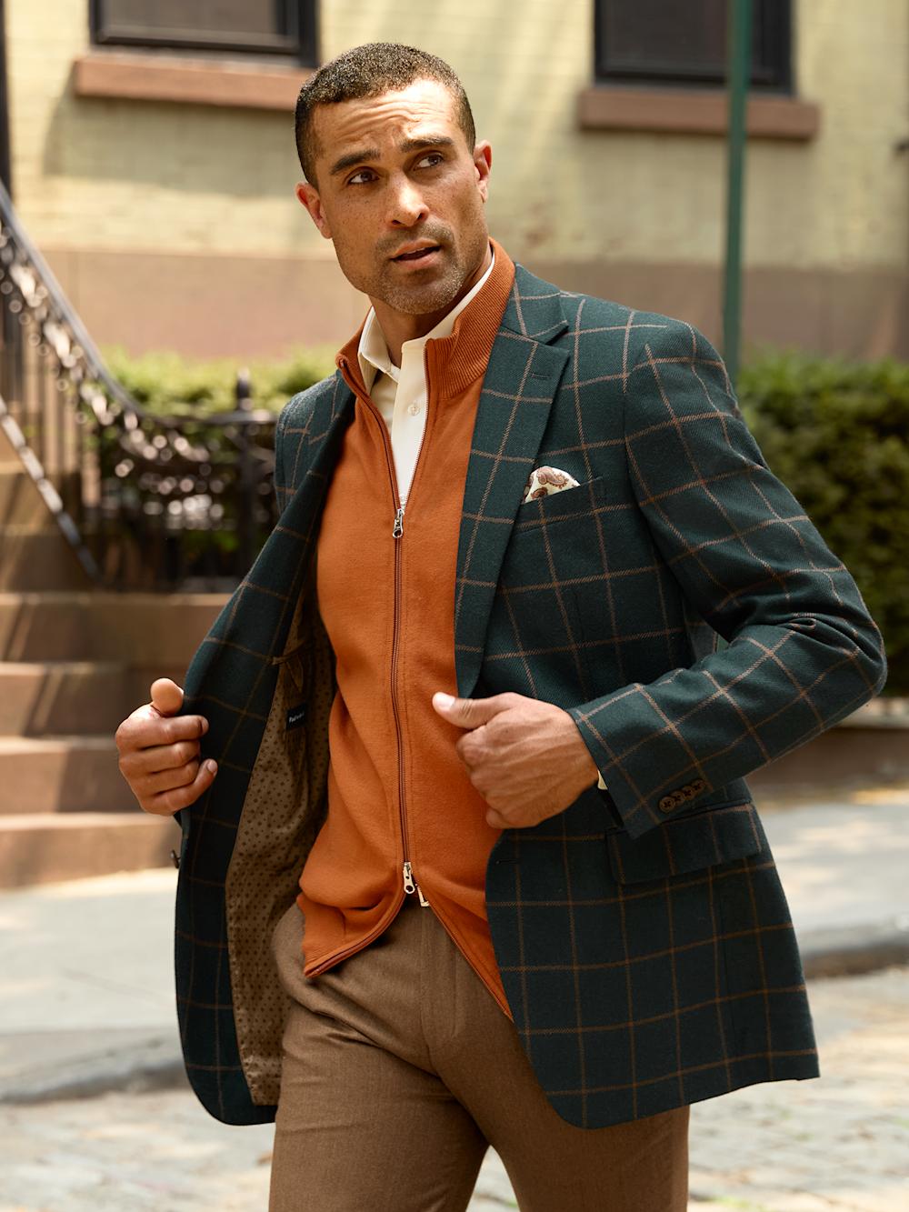Wool Blend Windowpane Single Breasted Notch Lapel Sport Coat - Dark Green Product Image