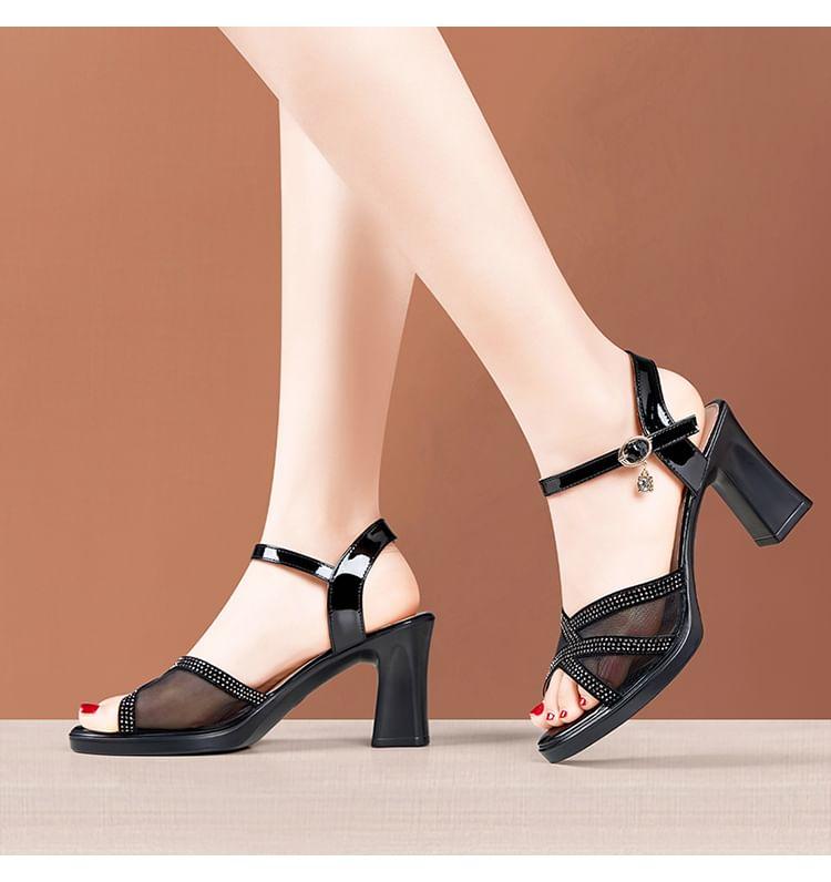 Rhinestone Panel Mesh High Heel Sandals Product Image