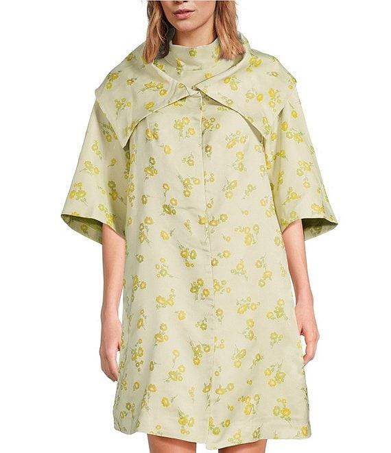 Buru Oversized Point Collar 3/4 Sleeve Side Pocket Floral Car Coat Product Image