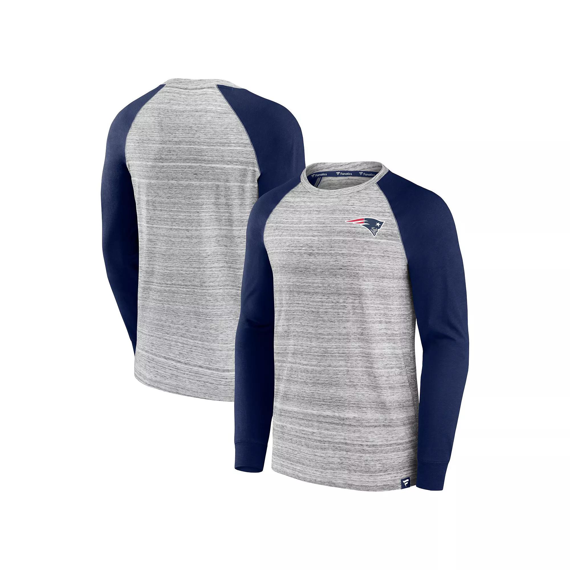 Men's Fanatics Heather Gray/Navy New England Patriots Fair Shake Raglan Long Sleeve T-Shirt, Size: Medium, Grey Product Image