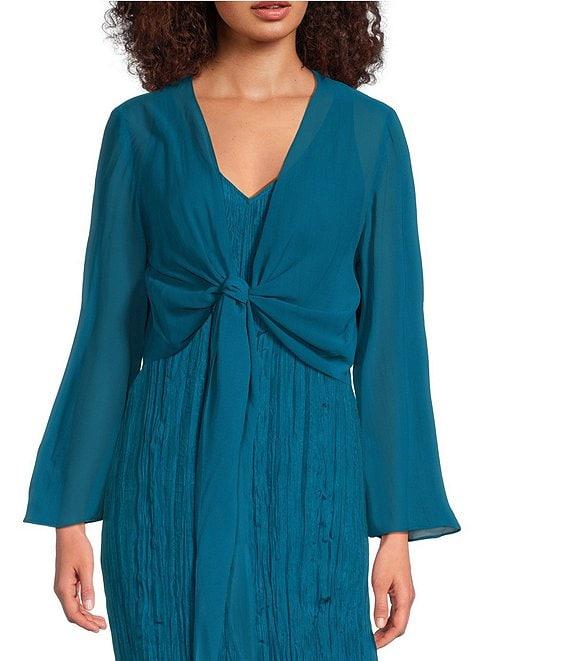 Eileen Fisher Sheer Silk Georgette Tie Front Bracelet Sleeve Cardigan Product Image