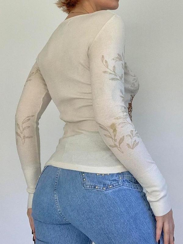 Vintage Printed V Neck Long Sleeve Top Product Image