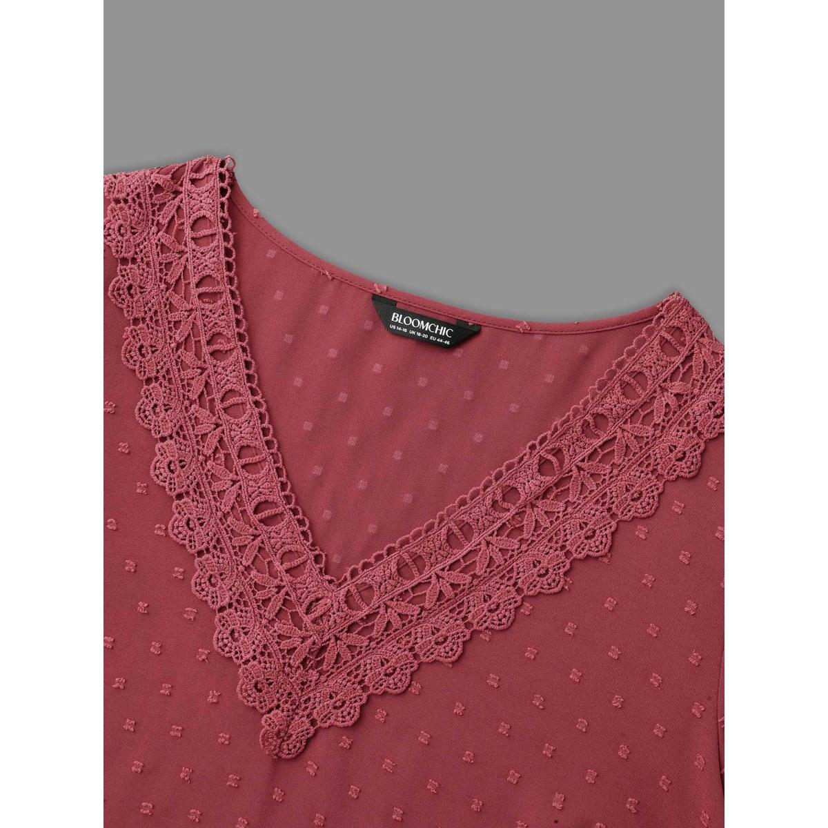 Plus Size Russet Lace Trim V-Neck Textured Blouse Women Elegant Long Sleeve V-neck Everyday Blouses BloomChic 18-20/2X Product Image