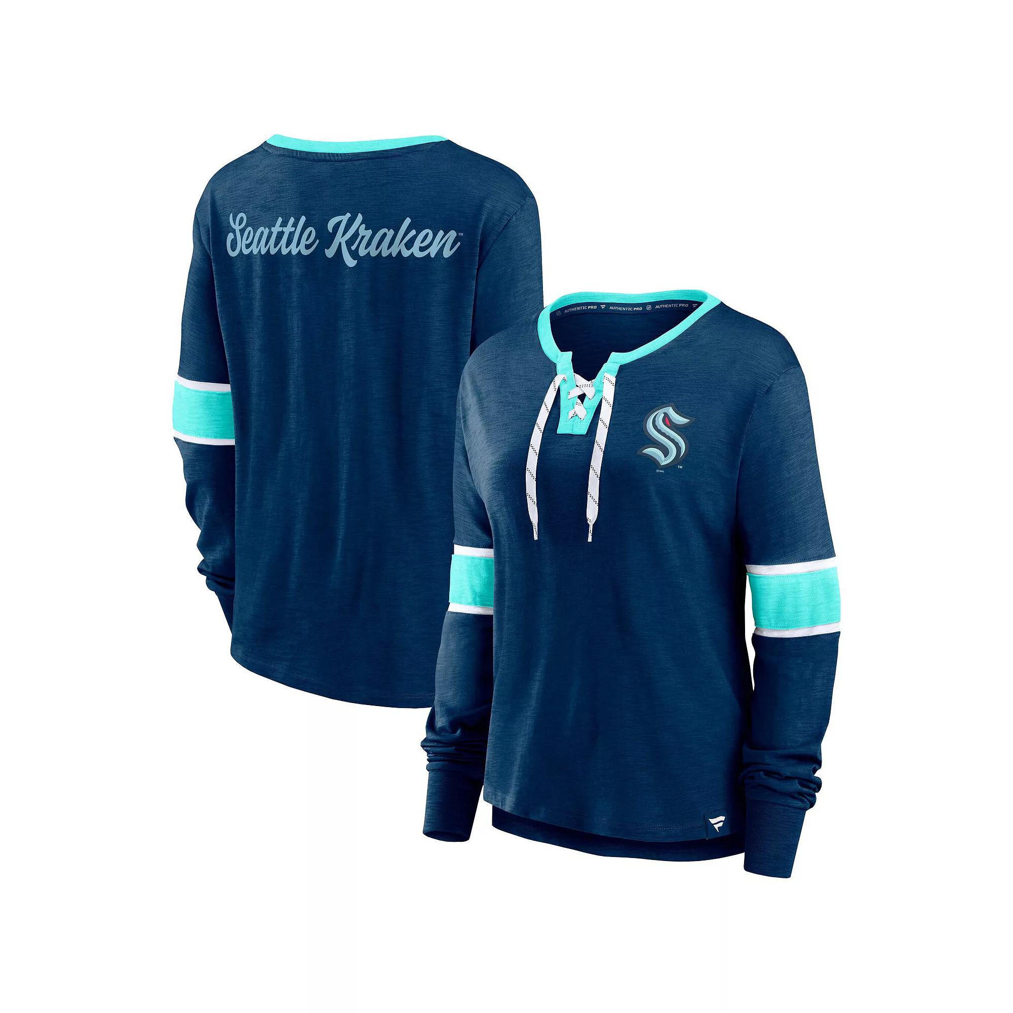 Women's Fanatics Branded Deep Sea Blue Seattle Kraken Effervescent Exclusive Lace-Up Long Sleeve T-Shirt, Size: Small, Krk Blue Product Image