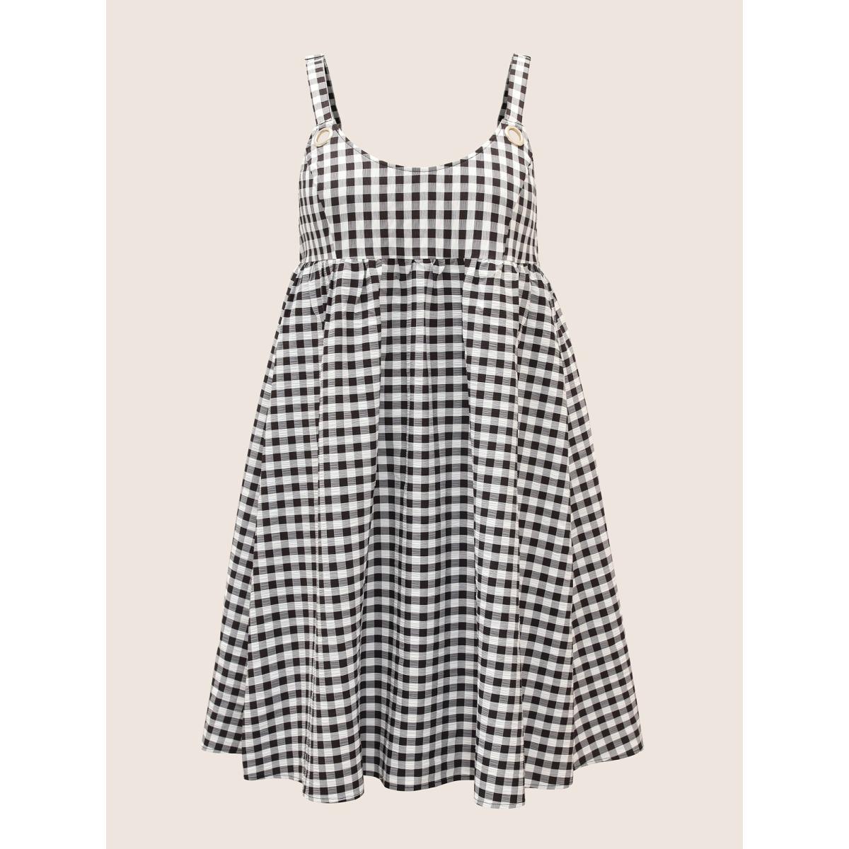 Plus Size Round Neck Gingham Adjustable Straps Dress Black Women Casual Gathered Round Neck Sleeveless Curvy BloomChic 30/6X Product Image