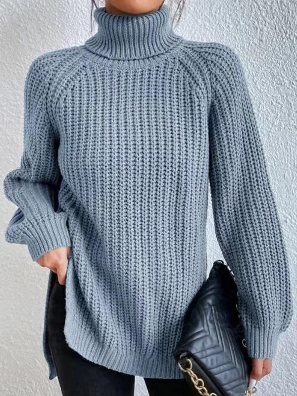 Long Sleeves Loose Solid Color Split-Side High Neck Pullovers Sweater Tops Product Image