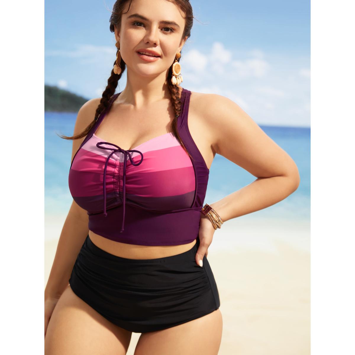 Plus Size Colorblock Contrast Drawstring Gathered Swim Top Women's Swimwear Deeppurple Beach Gathered High stretch Skinny Heart neckline Curve Swim Tops BloomChic 22-24/3X Product Image