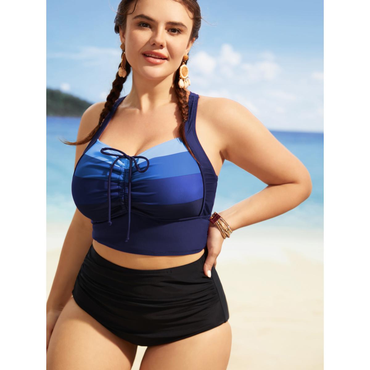 Plus Size Colorblock Contrast Drawstring Gathered Swim Top Women's Swimwear Cyan Beach Gathered High stretch Skinny Heart neckline Curve Swim Tops BloomChic 30/6X Product Image