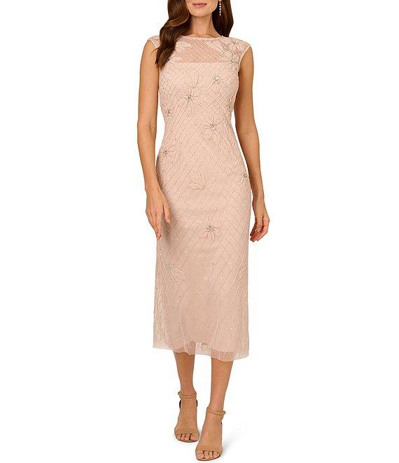 Adrianna Papell Illusion Neck Bead Mesh Column Midi Dress Product Image