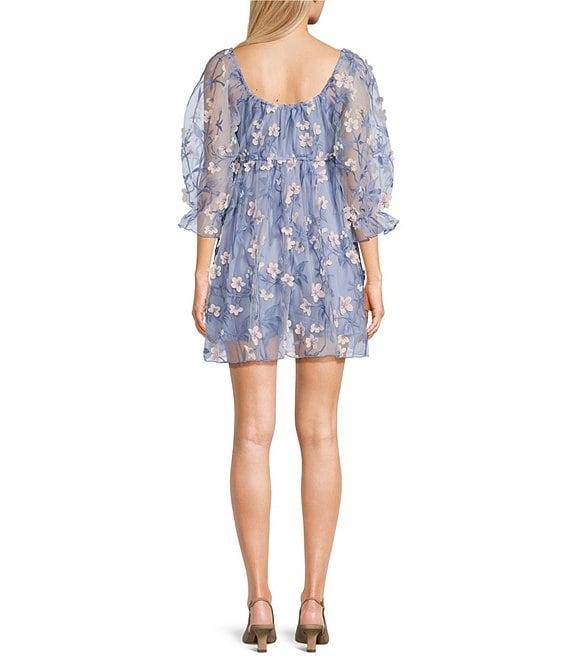 Allison & Kelly 3D Floral Embroidered Mesh Square Neck Embellished 3/4 Sleeve Babydoll Dress Product Image