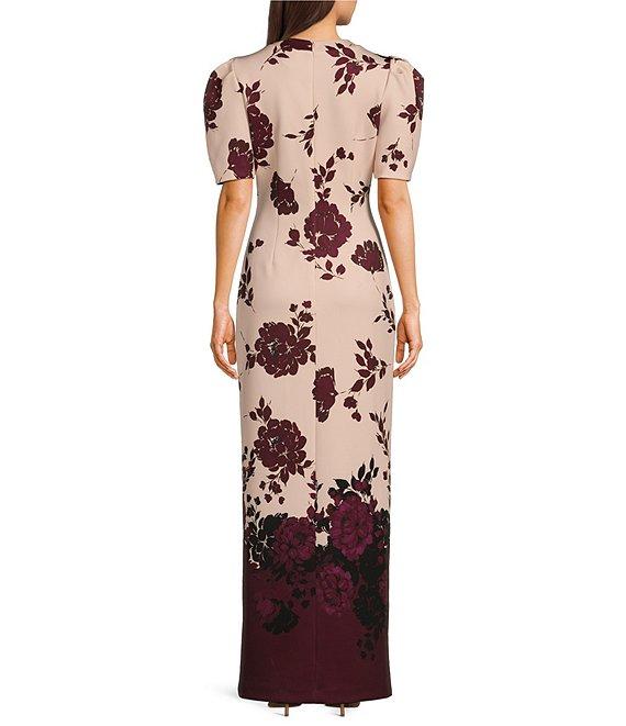 Belle by Badgley Mischka Nina Floral Print Knit Crew Neck Short Puff Sleeve Front Slit Sheath Maxi Dress Product Image