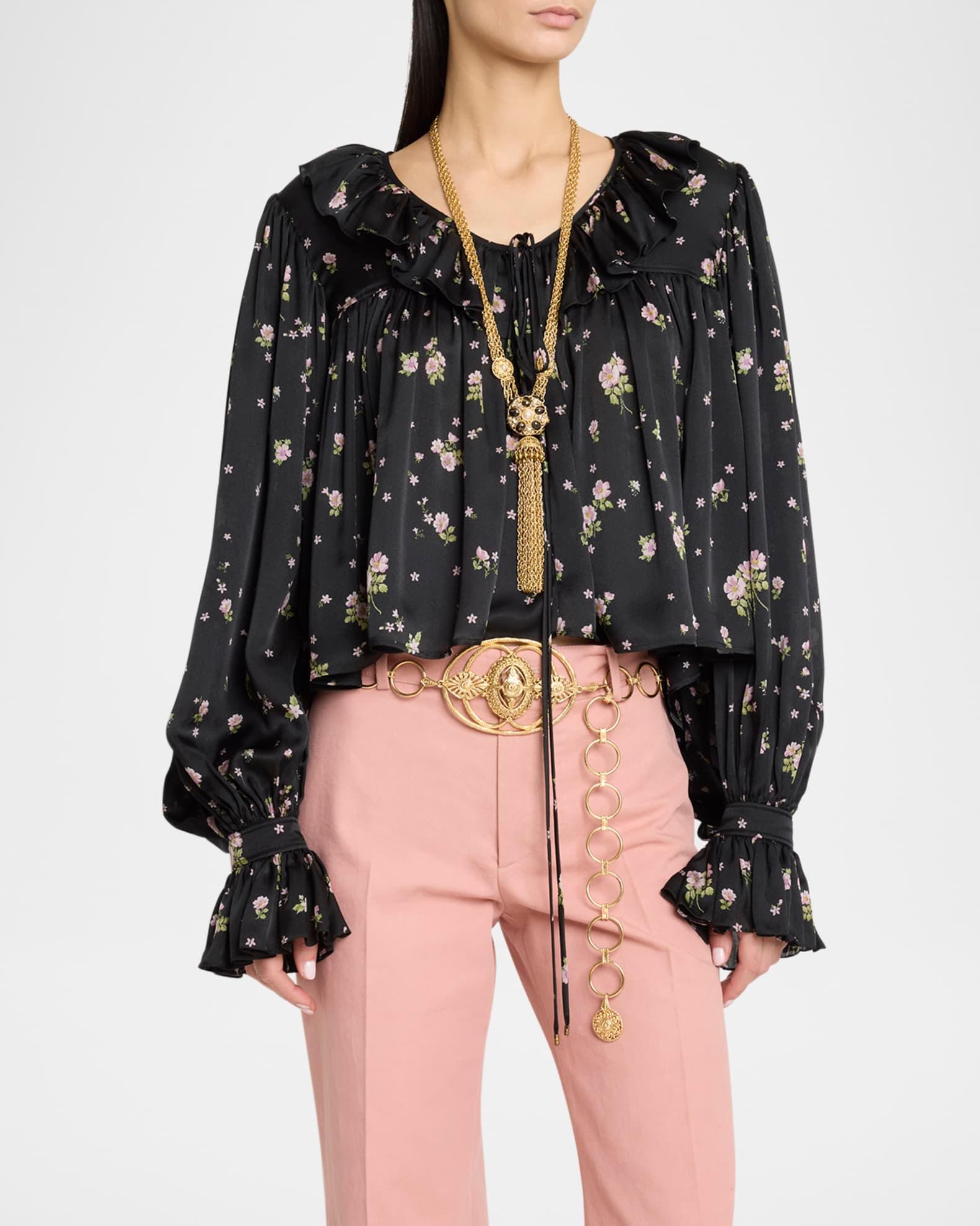 Floral Silk Ruffle Peasant Blouse Product Image