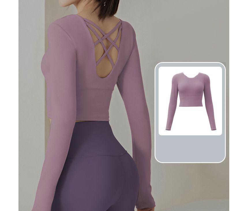 Long-Sleeve Scoop Neck Plain Criss Cross Crop Sports T-Shirt / Plain Yoga Pants / Set Product Image