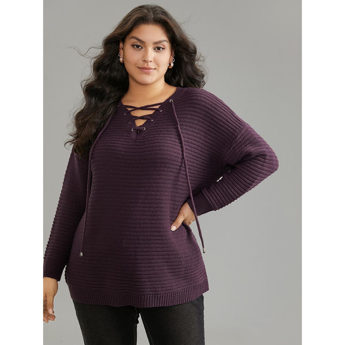 Plus Size Lace Up Plain Plisse Pullover Purple Women Casual Loose Long Sleeve V-neck Dailywear Pullovers BloomChic 10/M Product Image