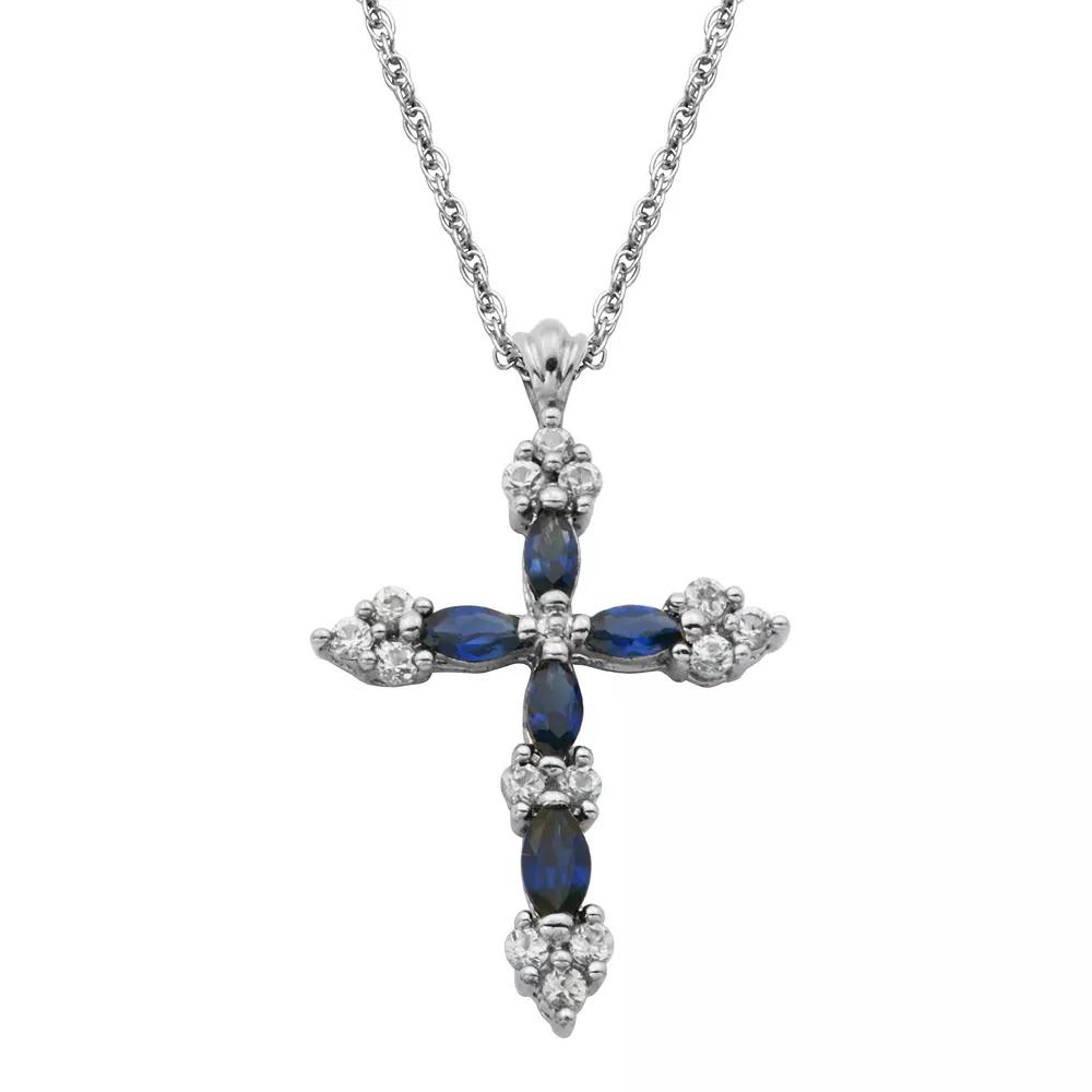 Sterling Silver Lab-Created Blue & White Sapphire Cross Pendant Necklace, Women's, Size: 18" Product Image