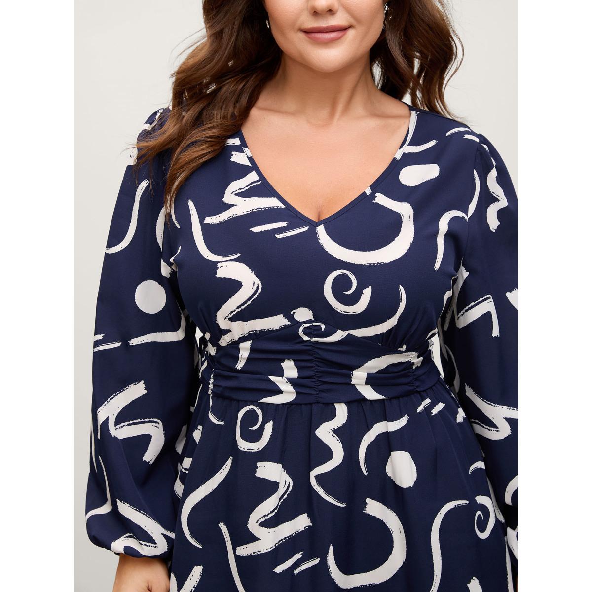 Plus Size Scribble Print Pleated Cinched Waist Midi Dress Indigo Women Office Non V-neck Extra Long Sleeve Curvy BloomChic 10/M Product Image