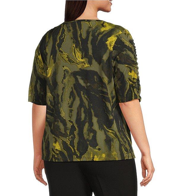 Investments Plus Size Knit Painted Bronze Green Zebra Elbow Length Sleeve Crew Neck Top Product Image