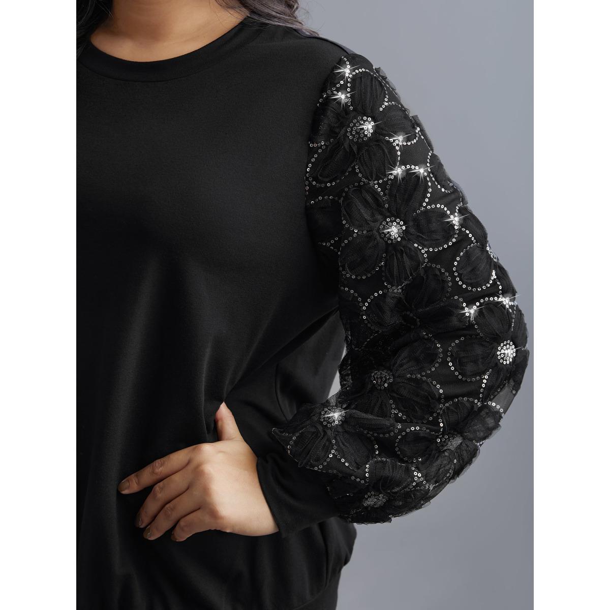 Plus Size Floral Sequin Mesh Patchwork Sweatshirt Women Black Elegant Patchwork Round Neck Everyday Sweatshirts BloomChic 12/L Product Image