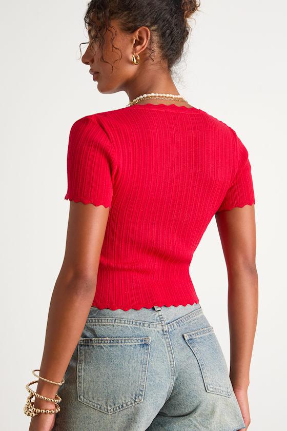 Shannah Bright Red Pointelle Knit Short Sleeve Top Product Image