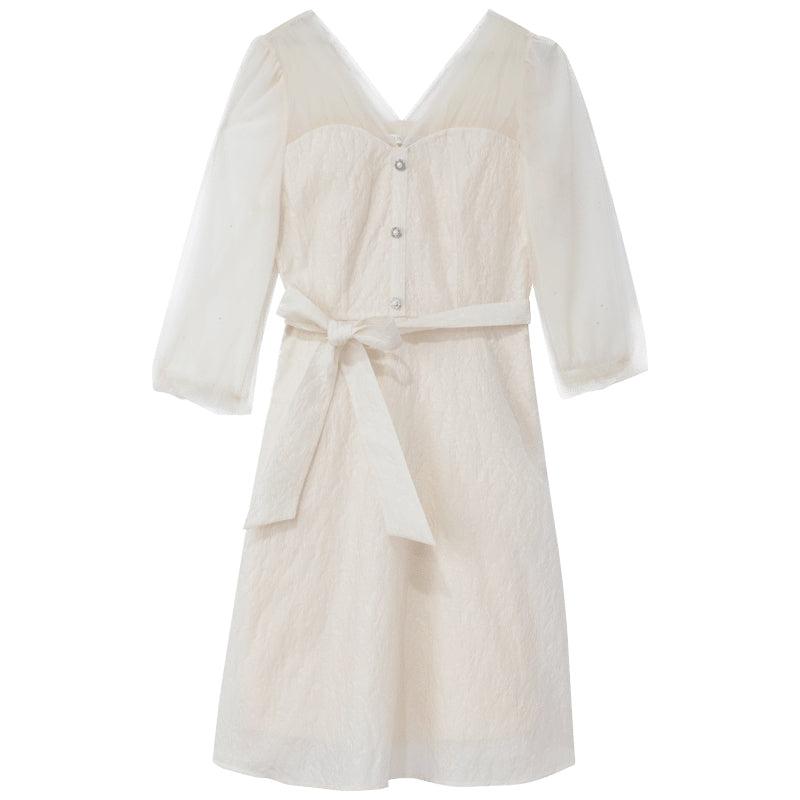 White Mesh Half-Sleeve V-Neck Jacquard Midi Dress Product Image