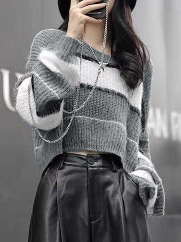 Contrast Color Stripe Splice Short Sweater Product Image