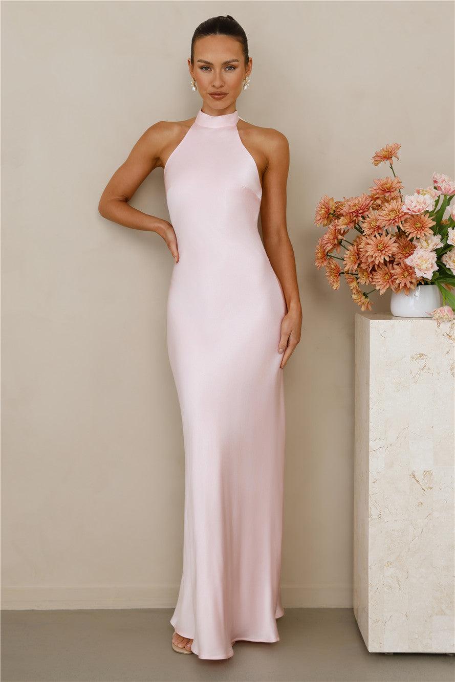 The Cleo Halter Satin Maxi Dress Pink Product Image
