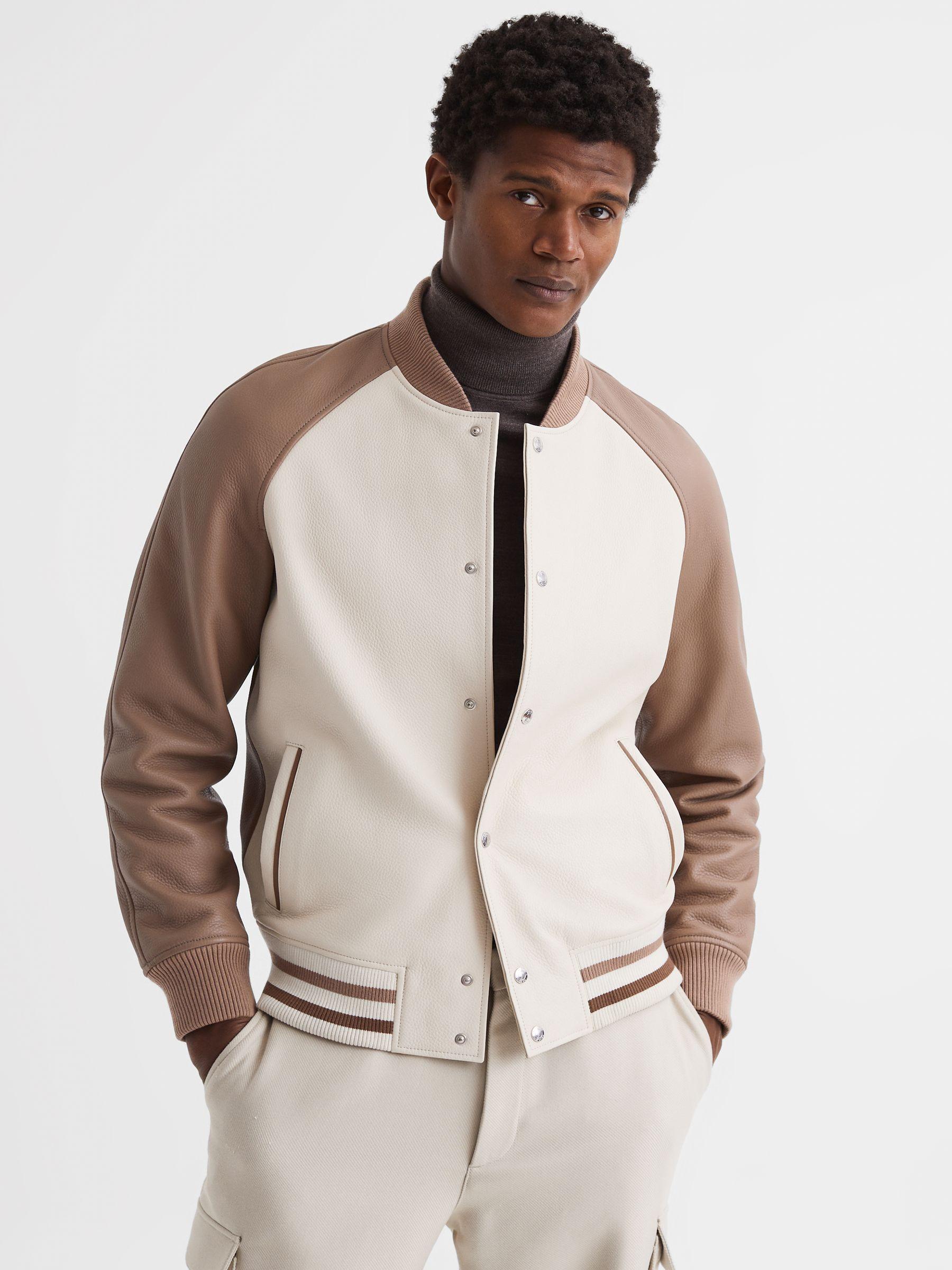Leather Bomber Jacket in Ecru/Taupe Product Image