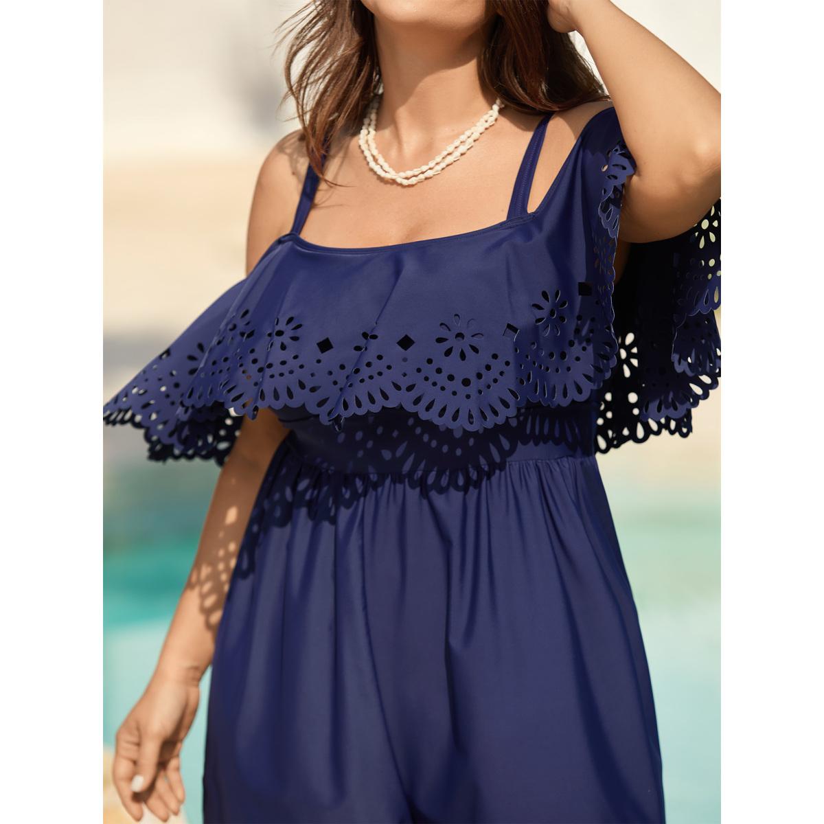 Plus Size Cold-Shoulder Cut-Out One-Piece Swimsuit Women's Swimwear Indigo Beach Laser Curve Bathing Suits High stretch One Pieces BloomChic 26/4X Product Image