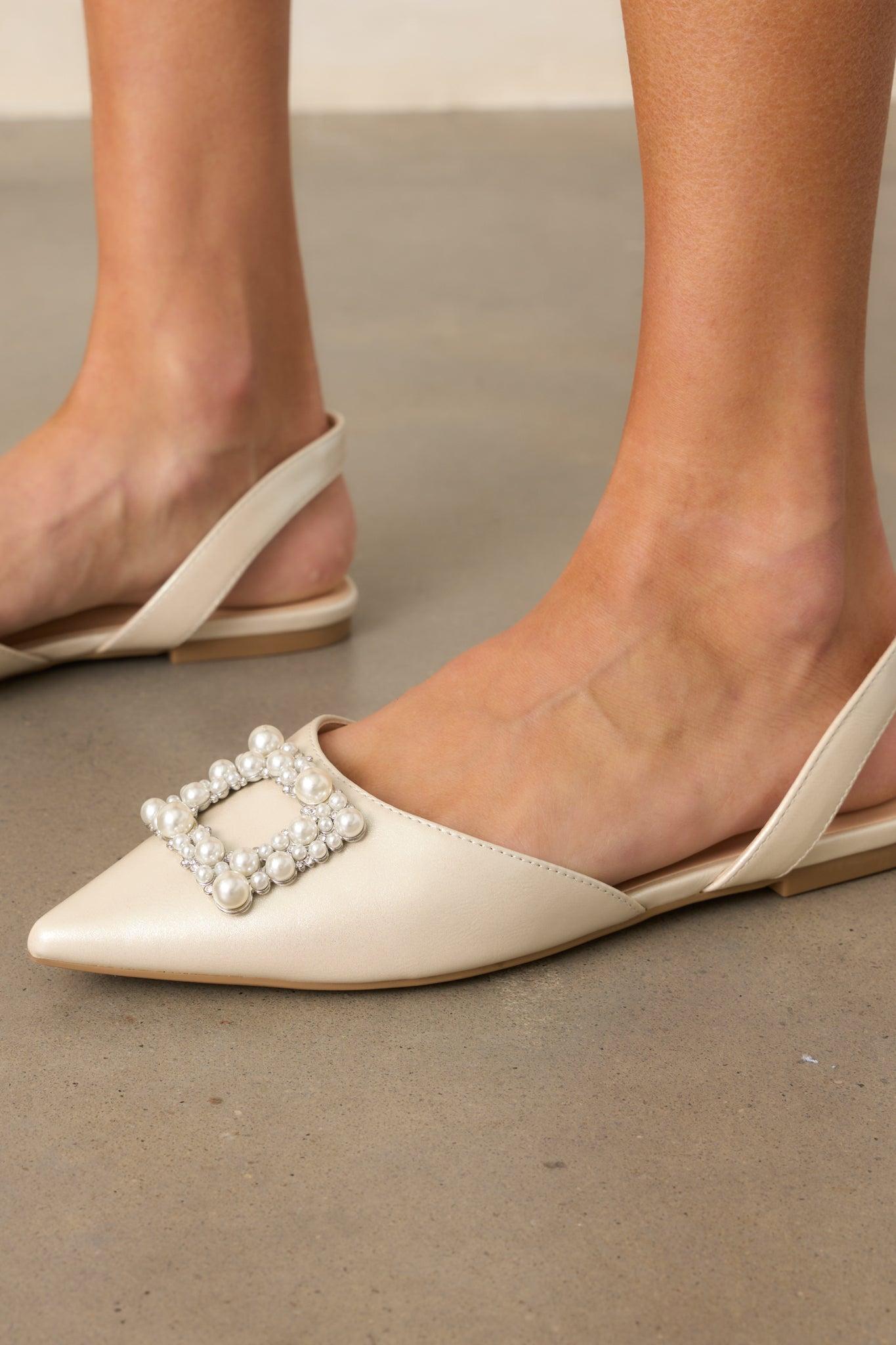 Setting New Goals Ivory Pearlescent Pointed Toe Slingback Flats Product Image