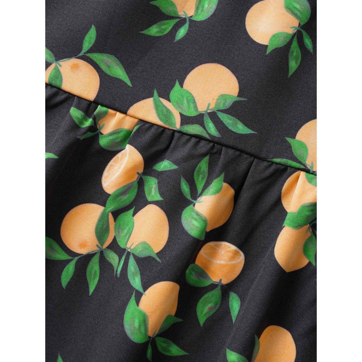 Plus Size Citrus Orange Print Pleated Frill Trim Cami Dress Black Women Elegant Frill Trim Non Sleeveless Curvy Midi Dress BloomChic 18-20/2X Product Image