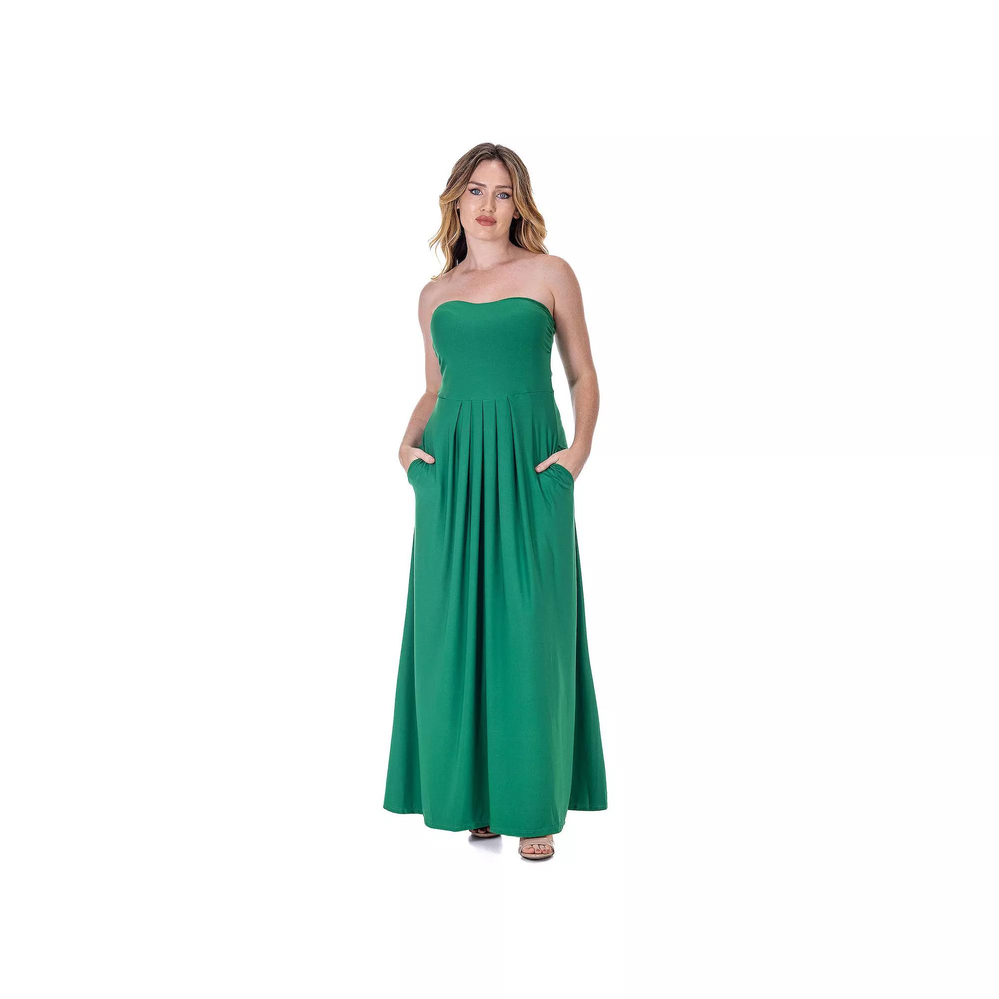Women's 24Seven Comfort Apparel Pleated A Line Strapless Maxi Dress With Pockets,  Product Image