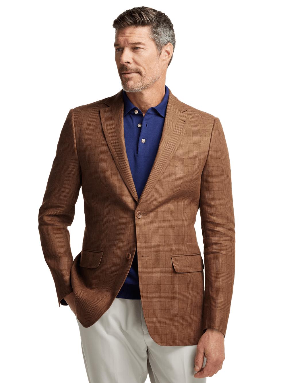 Linen Plaid Single Breasted Notch Lapel Sport Coat - Brown Product Image