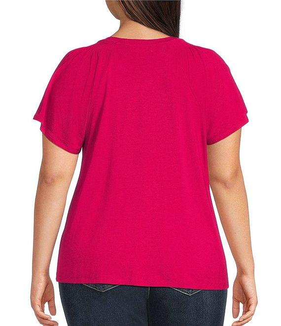 Liverpool Los Angeles Plus Size Jersey Knit V-Neck Short Flutter Sleeve Shirred Top Product Image