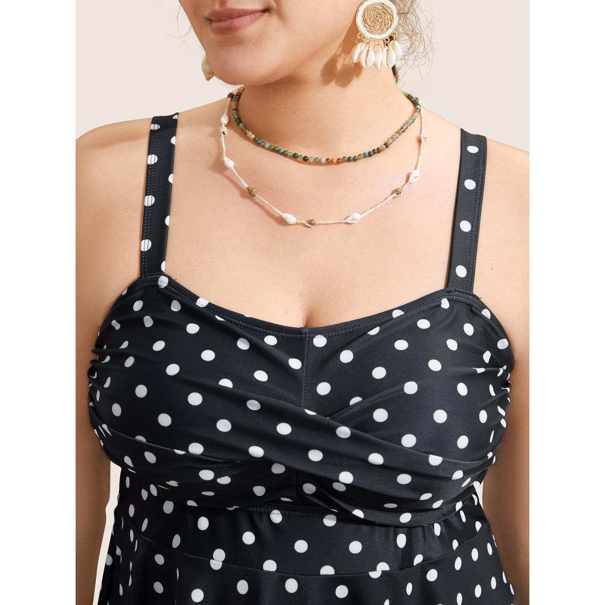 Plus Size Polka Dot Ruched Fit Flare Swim Dress Women's Swimwear Black Beach Bodycon Strapless High stretch Curve Swim Dresses BloomChic 28/5X Product Image