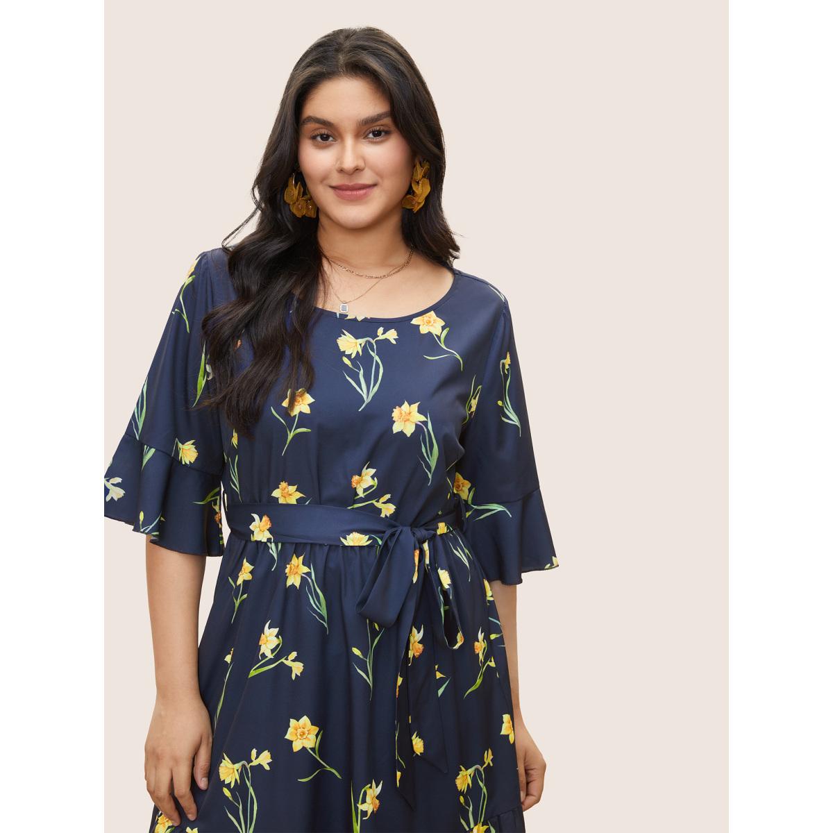 Plus Size Floral Print Belted Gathered Bell Sleeve Dress DarkBlue Women Elegant Non Round Neck Elbow-length sleeve Curvy Midi Dress BloomChic 10/M Product Image
