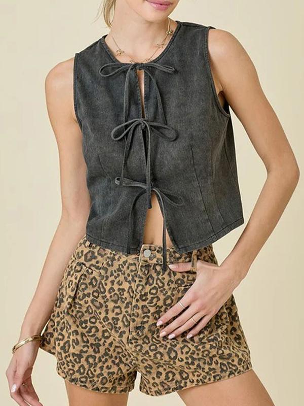 Loose Sleeveless Lace-Up Split-Joint Round-Neck Vest Top Product Image