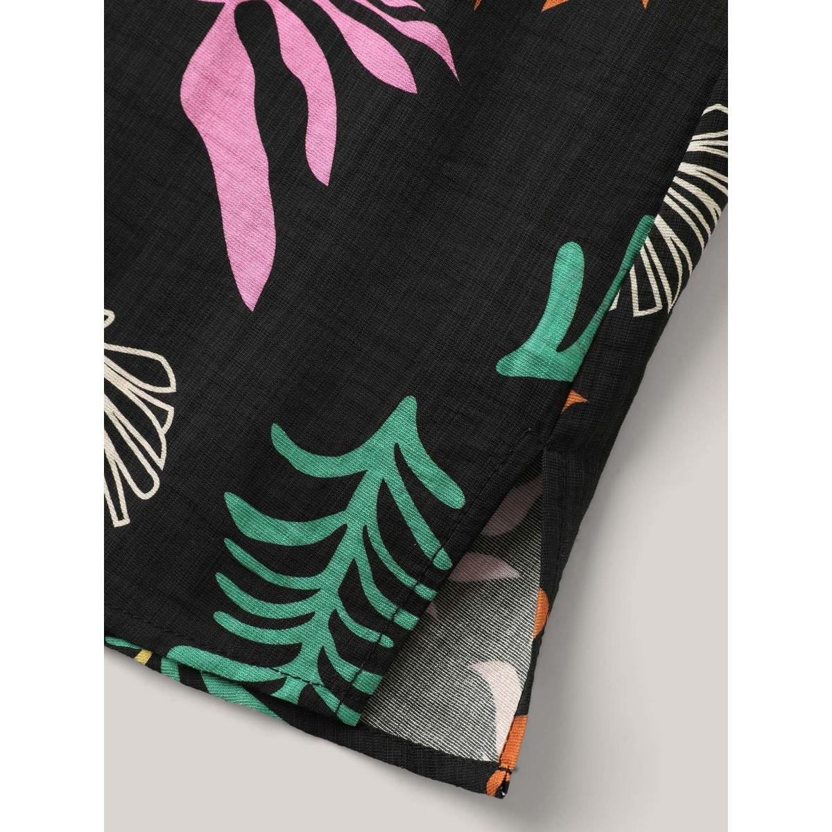 Plus Size Black Multi-Color Leaf Print Tassels Blouse Women Elbow-length sleeve Notched collar Vacation Blouses BloomChic 30/6X Product Image