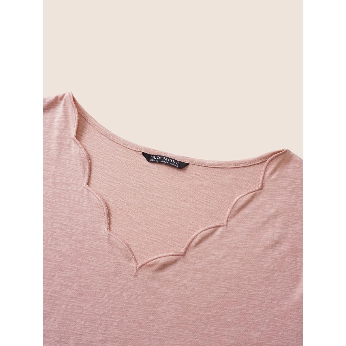 Plus Size Solid Heather Scalloped Trim T-shirt Pink Women Casual Plain Plain V-neck Everyday T-shirts BloomChic 22-24/3X Product Image