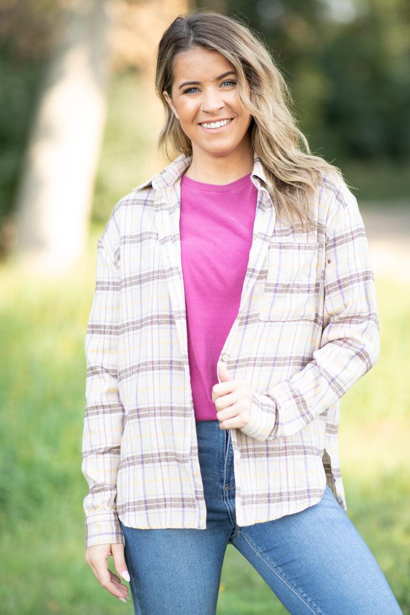 Tan and Taupe Plaid Button Up Top Product Image