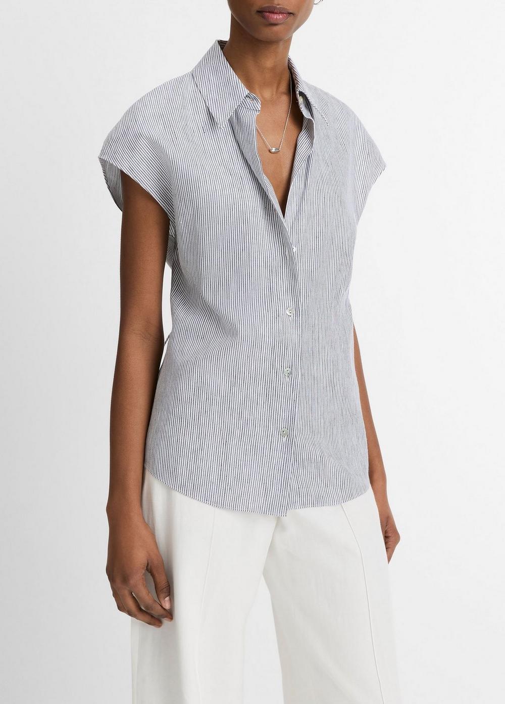 Ticking Stripe Linen-Cotton Cap-Sleeve Blouse Product Image