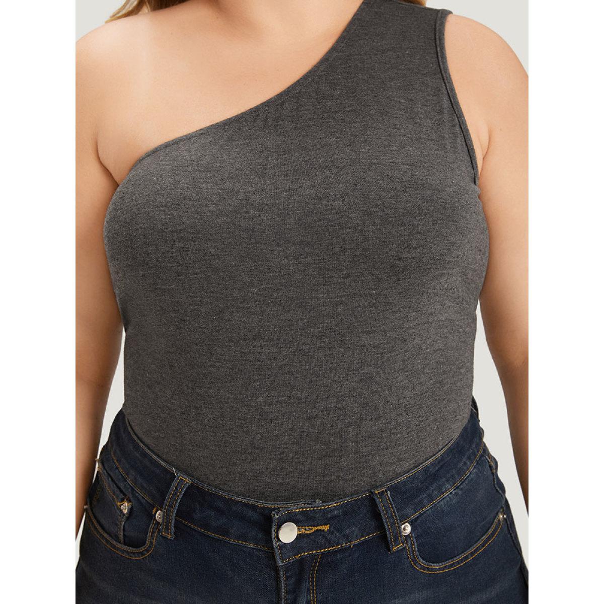 Plus Size Plain One Shoulder Slightly Stretchy Bodysuit Women DimGray Plain Plain Bodysuits BloomChic 22-24/3X Product Image