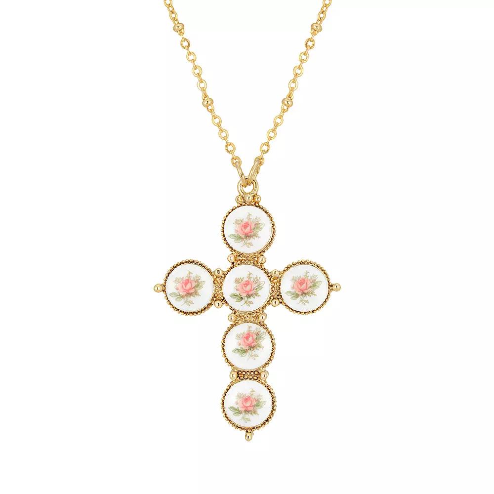1928 Gold Tone Pink Flower Decal Cross Pendant Necklace, Women's Product Image